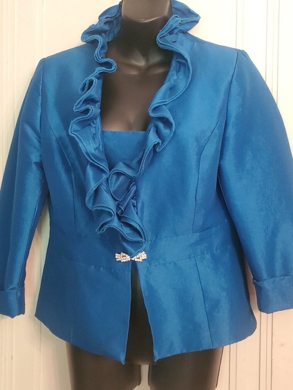 Nicolette Size 10 Teal Blue Formal Ruffle Blouse with Rhinestone Clasp